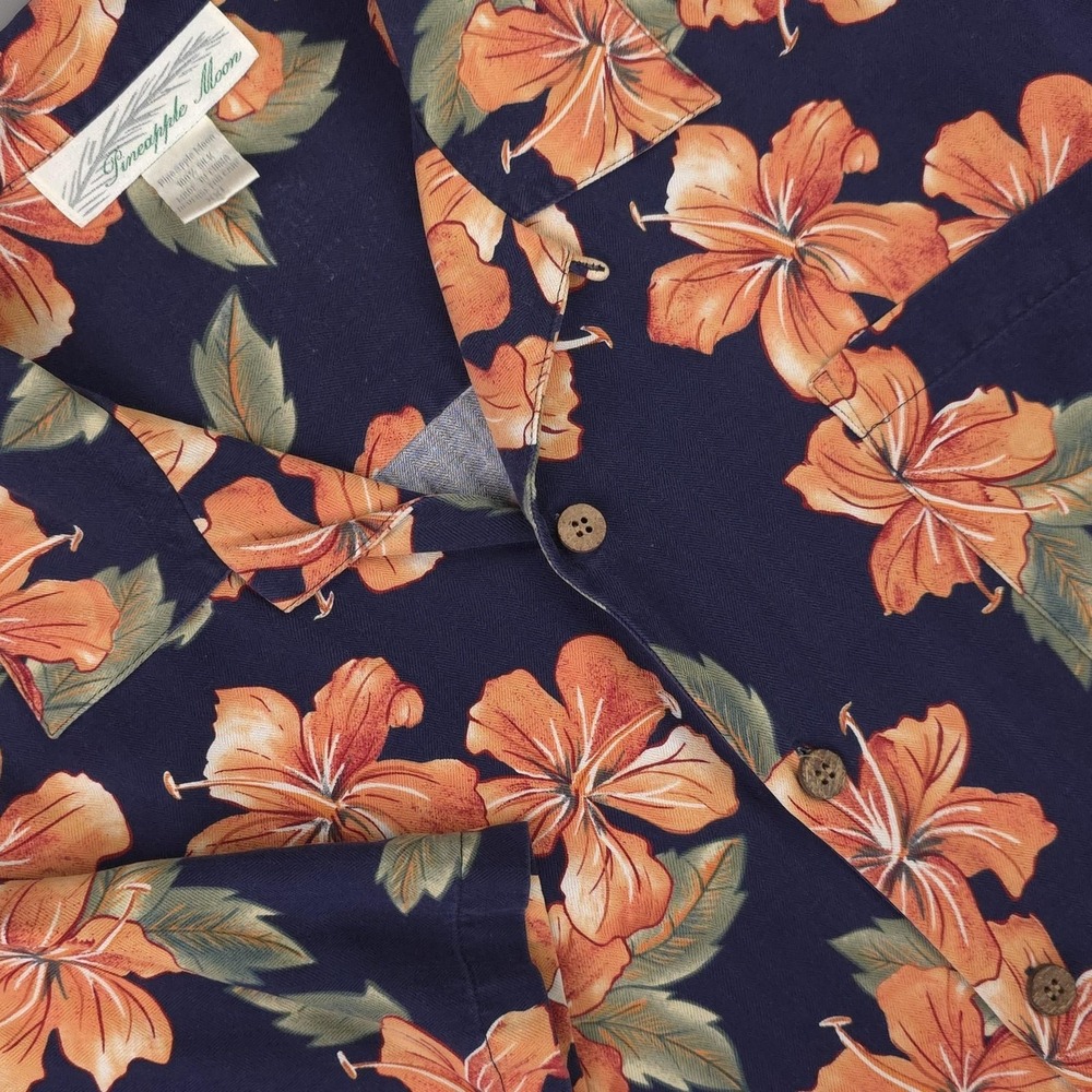 Pineapple Moon Shirt Mens 2XL Blue Floral Hawaiian Short Sleeve Silk‎ Aloha Camp